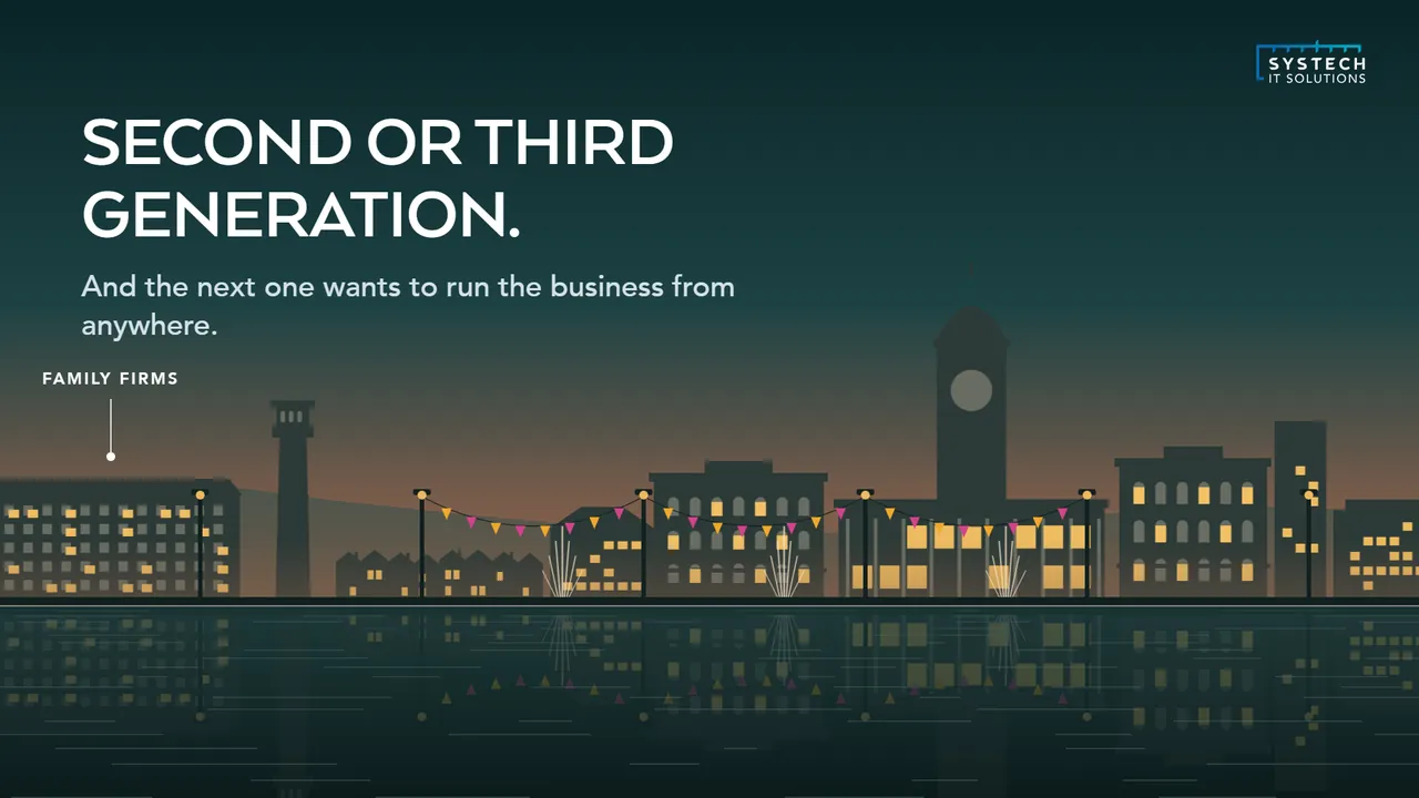 Bradford's skyline at dusk, with its family firms marked