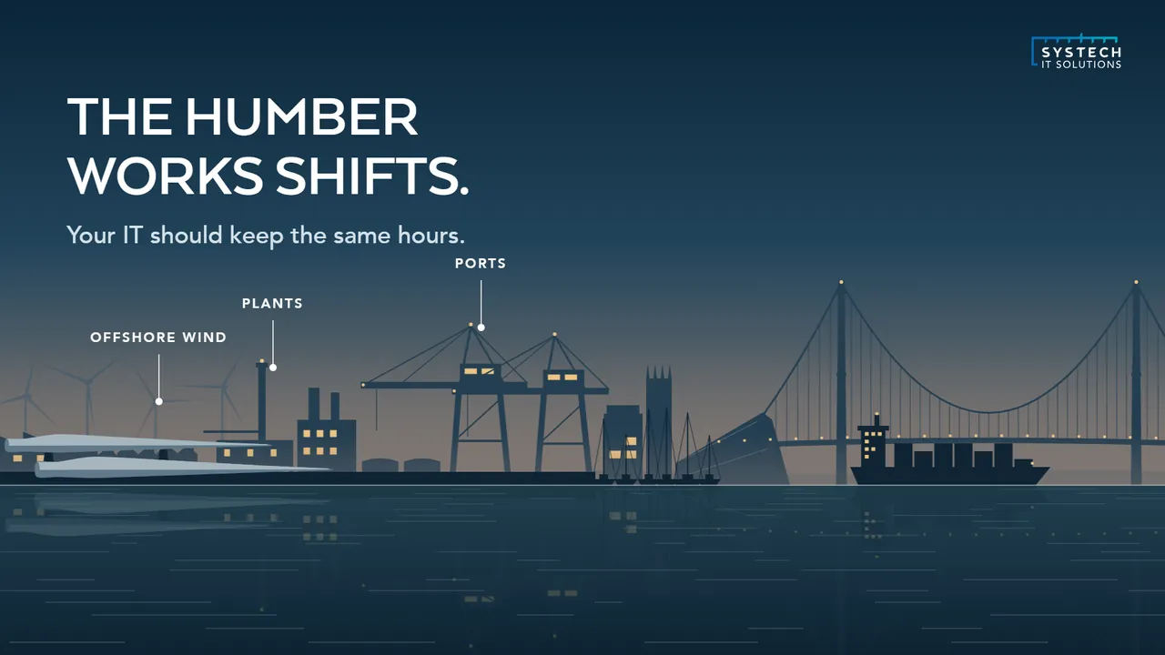 The Humber at night, with offshore wind, plants and ports marked: the Humber works shifts