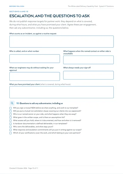 Page 10: Escalation sheet and the questions to ask any subcontractor, fillable on screen