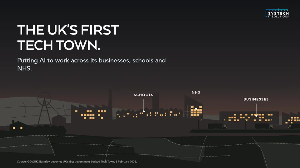 Barnsley at night, the UK's first tech town, with its schools, NHS and businesses marked