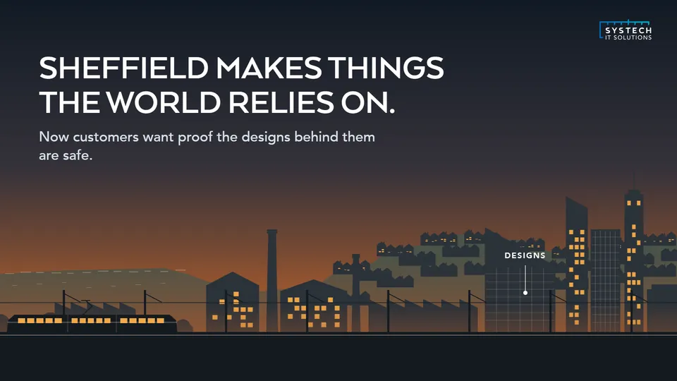 Sheffield's works and towers at dusk, with designs marked: Sheffield makes things the world relies on
